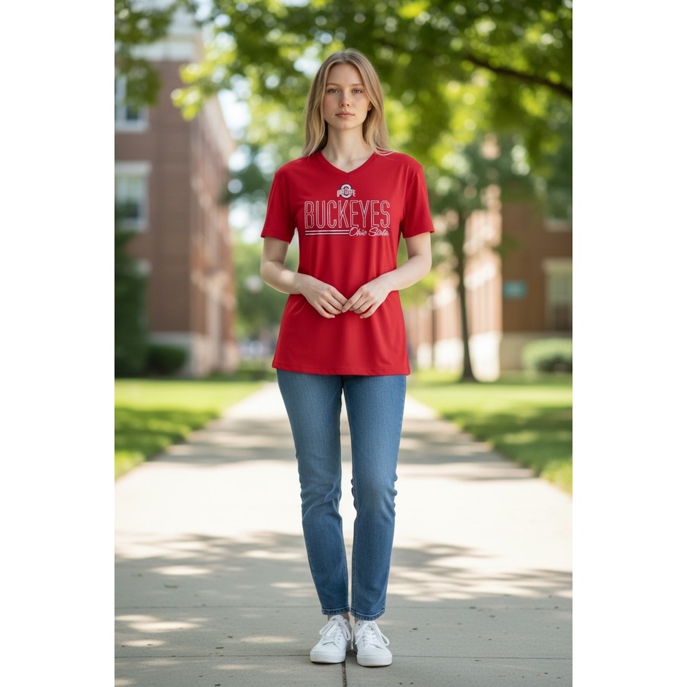 225 Ohio State Buckeyes Womens V-Neck T-Shirt Red Short Sleeve Small NWT OSU